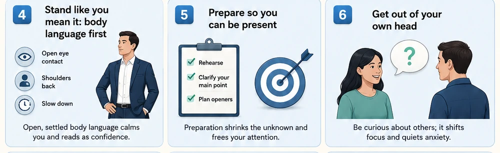 Confident body language, preparing so you can be present, and aiming your attention outward