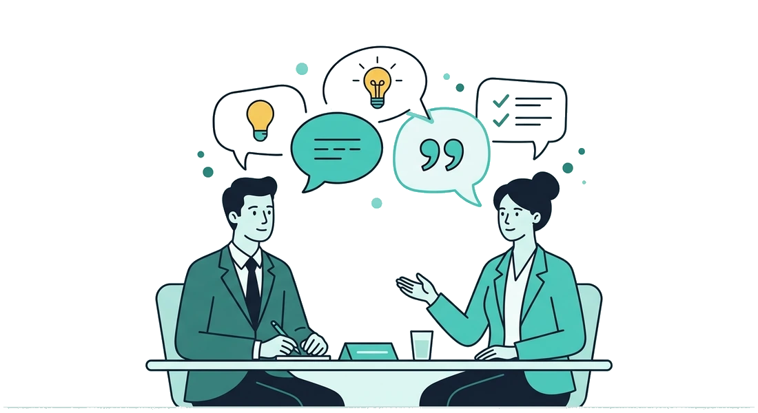 Two people having a friendly conversation, with idea and speech bubbles above them