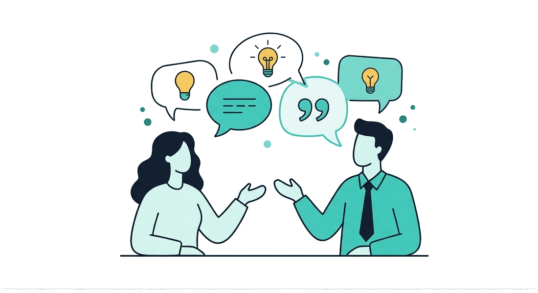 Two people talking warmly and gesturing, with speech bubbles above them